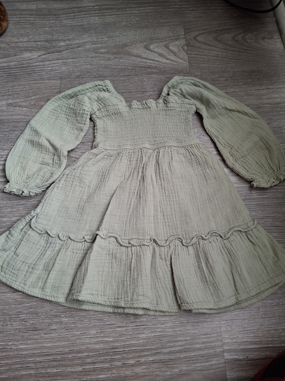 Cotton On Olive Green Smocked Puff-Sleeve Tiered Dress